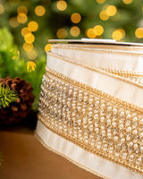 4" X 5YD White Ribbon With Lattice Pearls