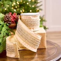 4" X 5YD Platinum Beige Ribbon With Lattice Pearls