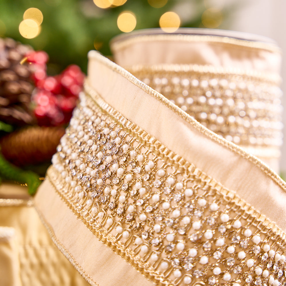 4" X 5YD Platinum Beige Ribbon With Lattice Pearls