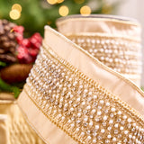 4" X 5YD Platinum Beige Ribbon With Lattice Pearls
