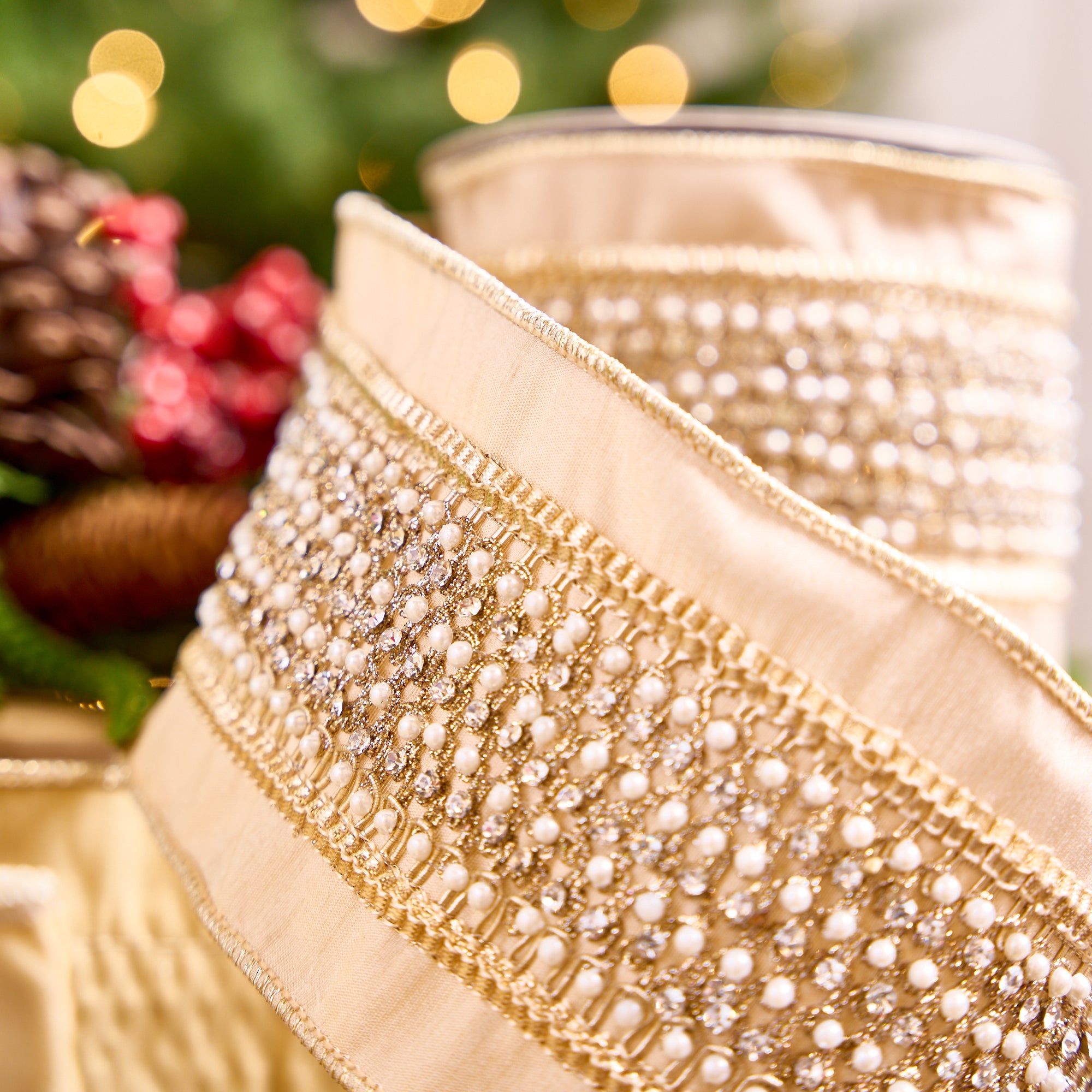 4" X 5YD Platinum Beige Ribbon With Lattice Pearls