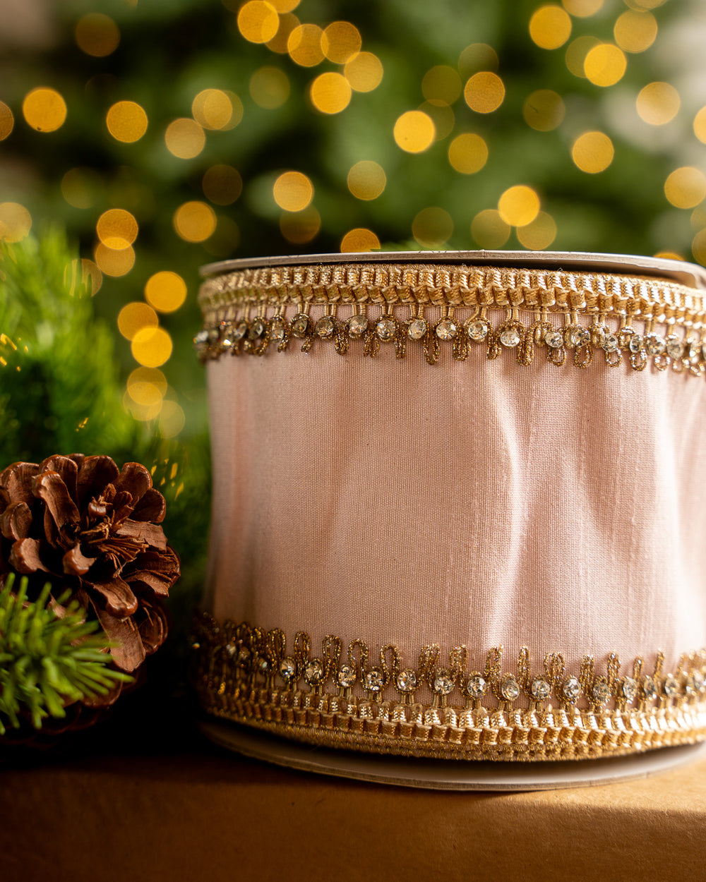 4" X 5YD Pink With Gold Crochet Trim Edge