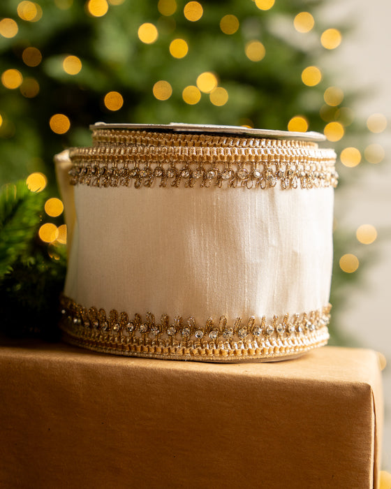 4" X 5YD Ivory With Gold Crochet Trim Edge