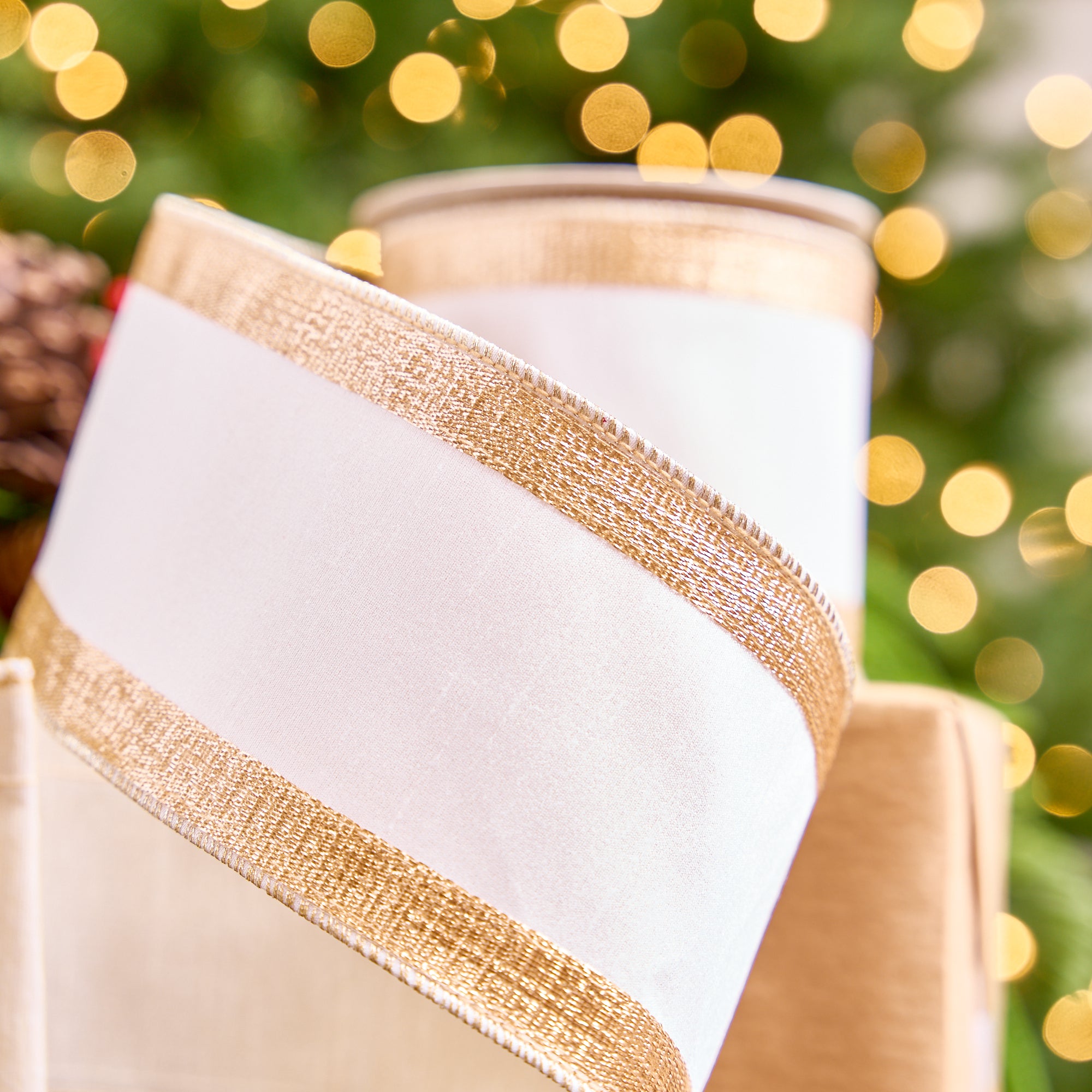 4" X 10YD White Ribbon With Platinum Gold Edge