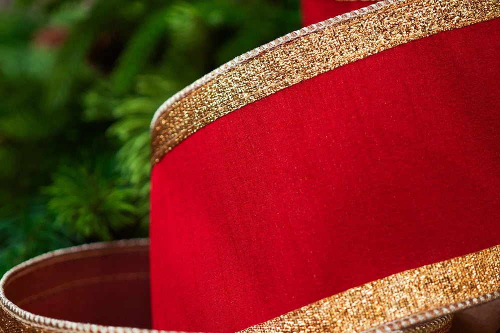 4" X 10YD Red Dupion Ribbon With Gold Sheer Back & Gold Crochet Trim