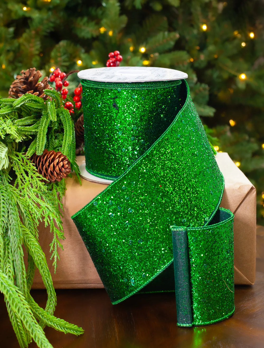 4" X 10YD Emerald Glitter Ribbon