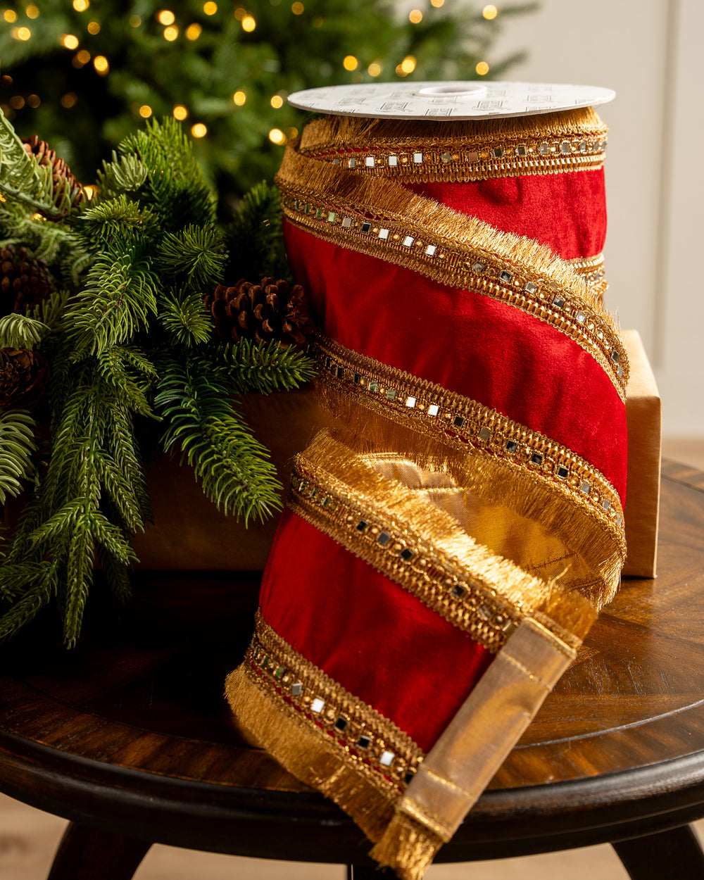 4" X 10YD Red Velvet Ribbon With Mirror On Edge