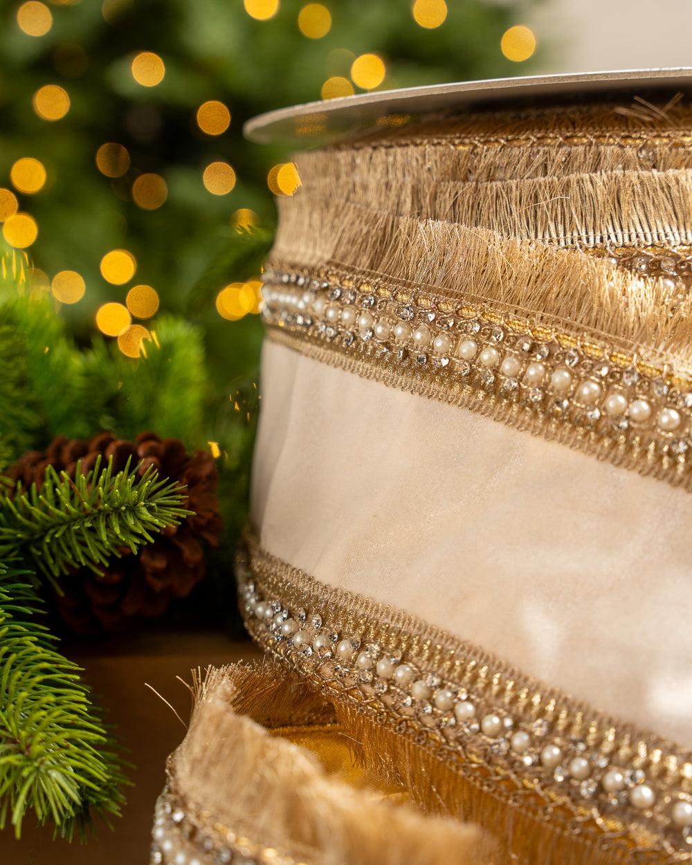 4" X 10YD Ivory Gold Pearl Ribbon With Silver Jewels