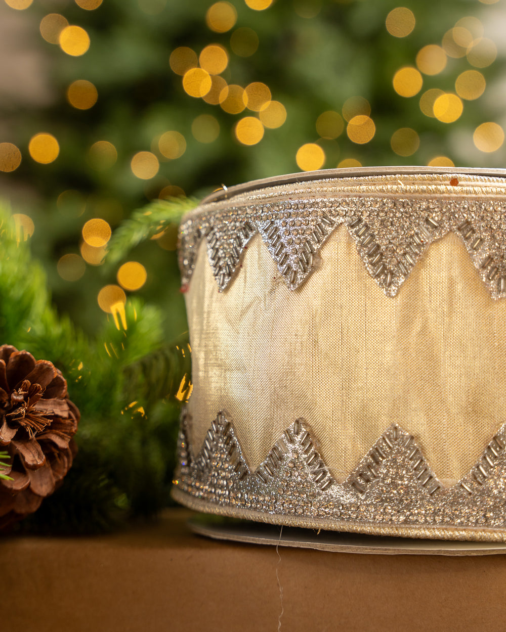 4" X 10YD Light Gold With Silver Trim Ribbon