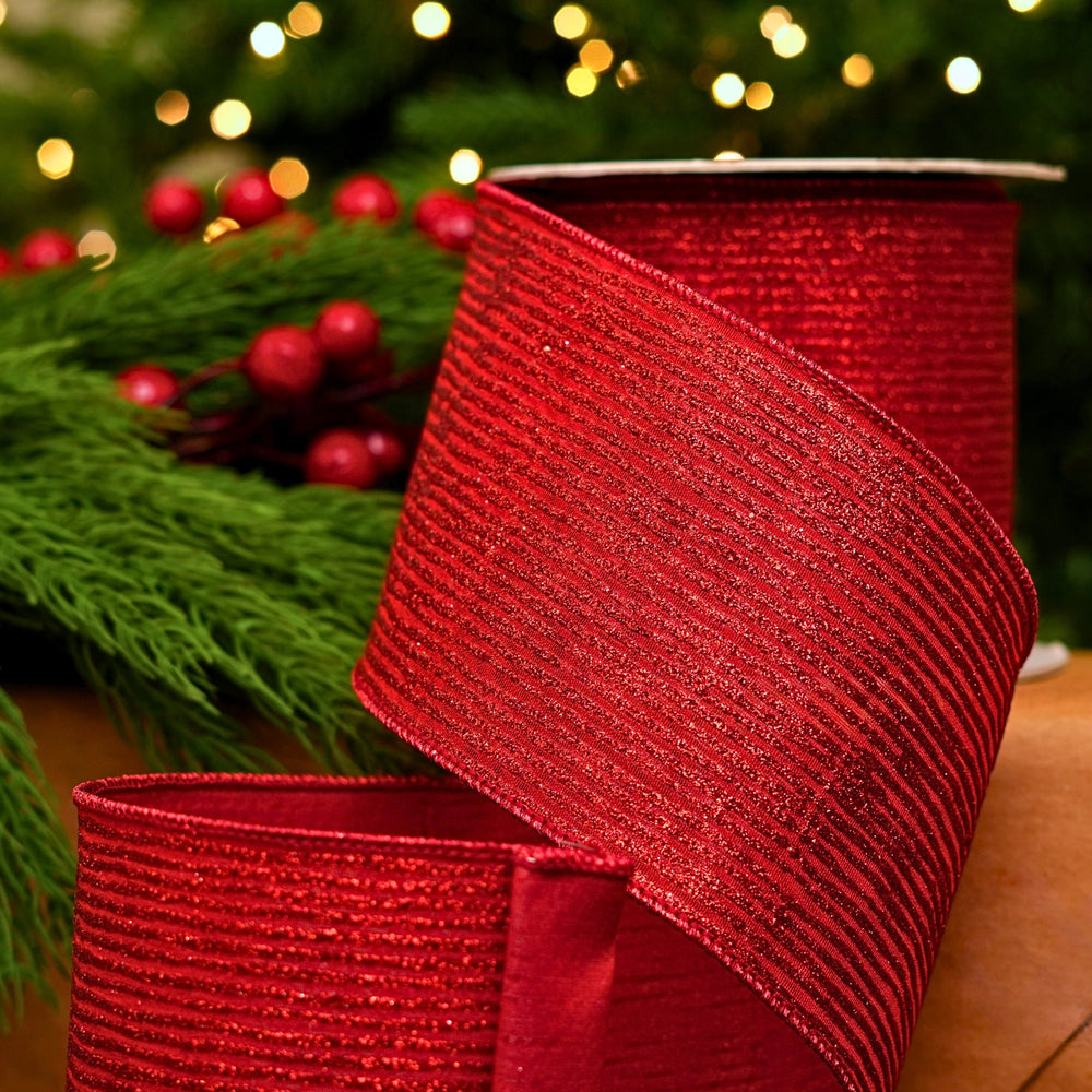 4" X 10YD Red Glitter Line Ribbon
