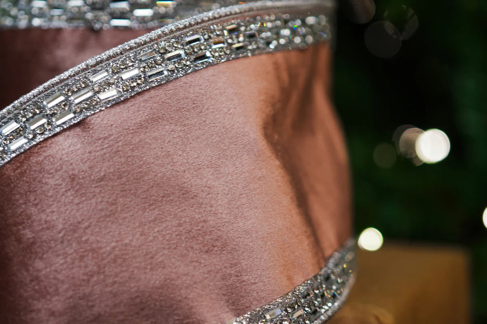 4" X 5YD Pink Velvet With Jewel Trim Ribbon