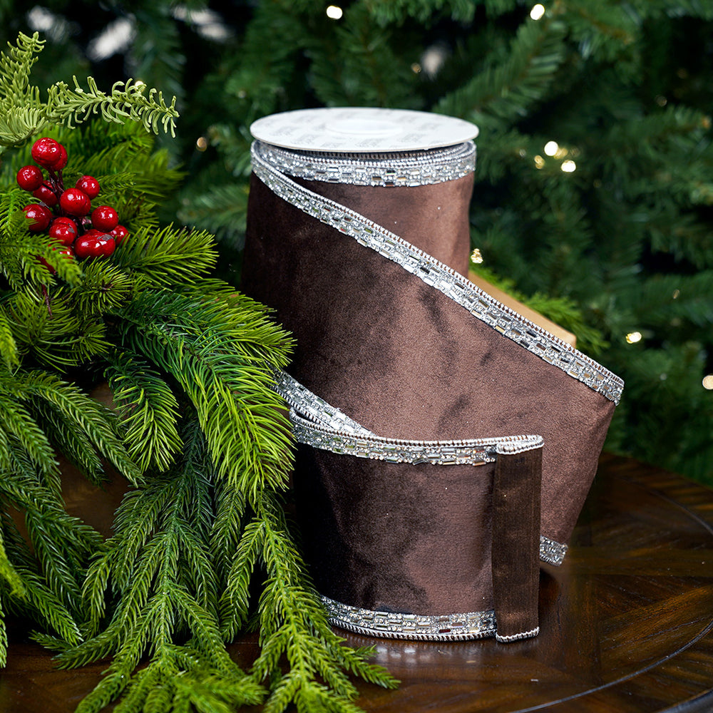4" x 5YD Brown Velvet With Jewel Trim Ribbon