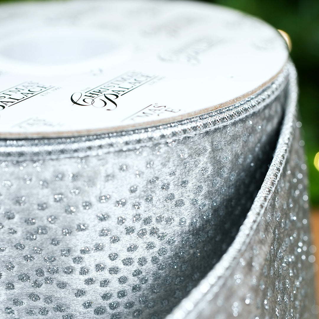 4" X 10YD Silver Velvet Glitter Ribbon