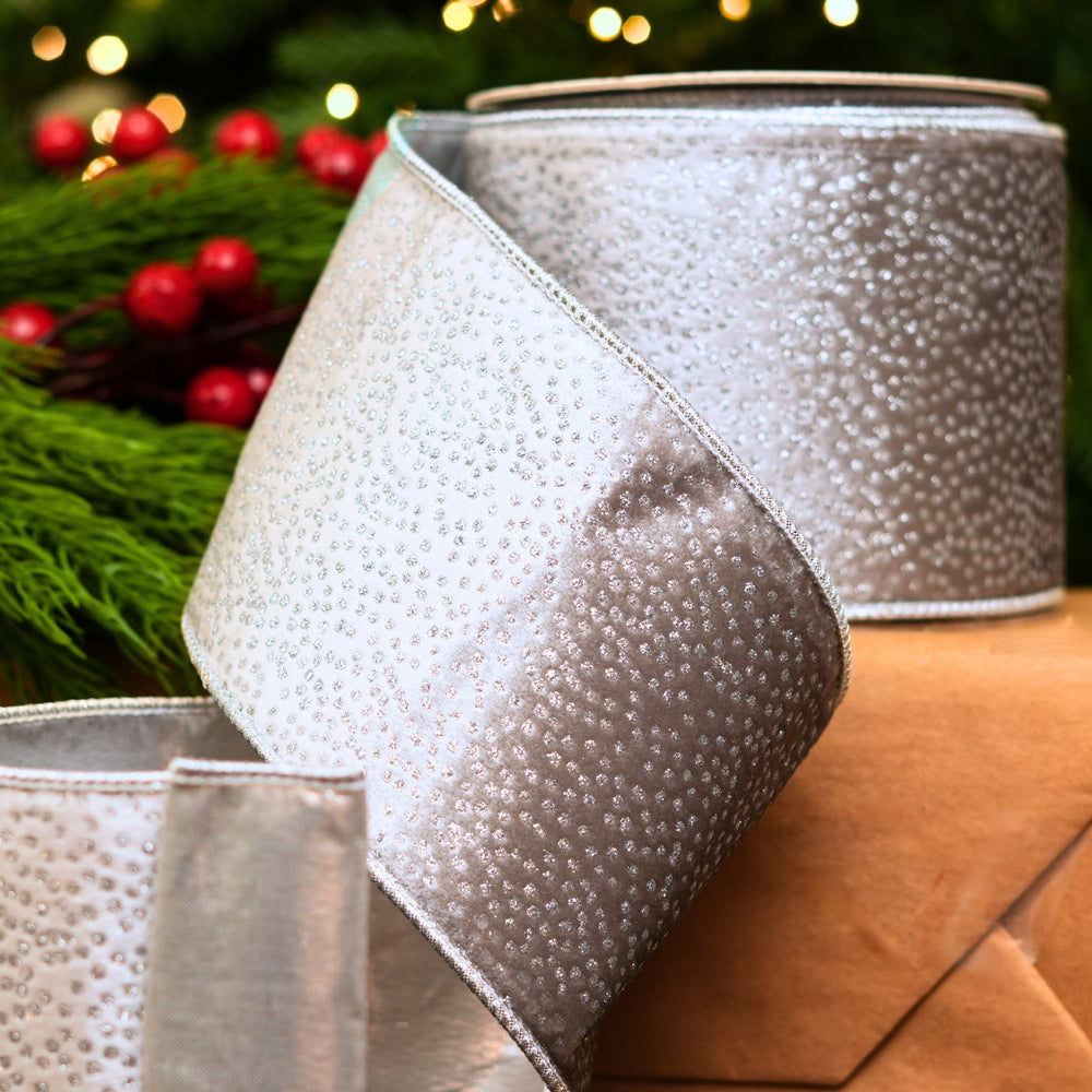 4" X 10YD Silver Velvet Glitter Ribbon