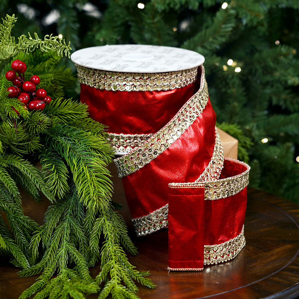 4" X 10YD Red With Gold Trim Ribbon