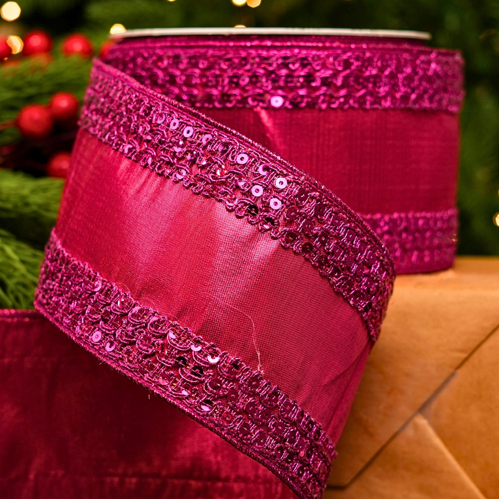 4" X 10YD Fuchsia With Gold Trim Ribbon
