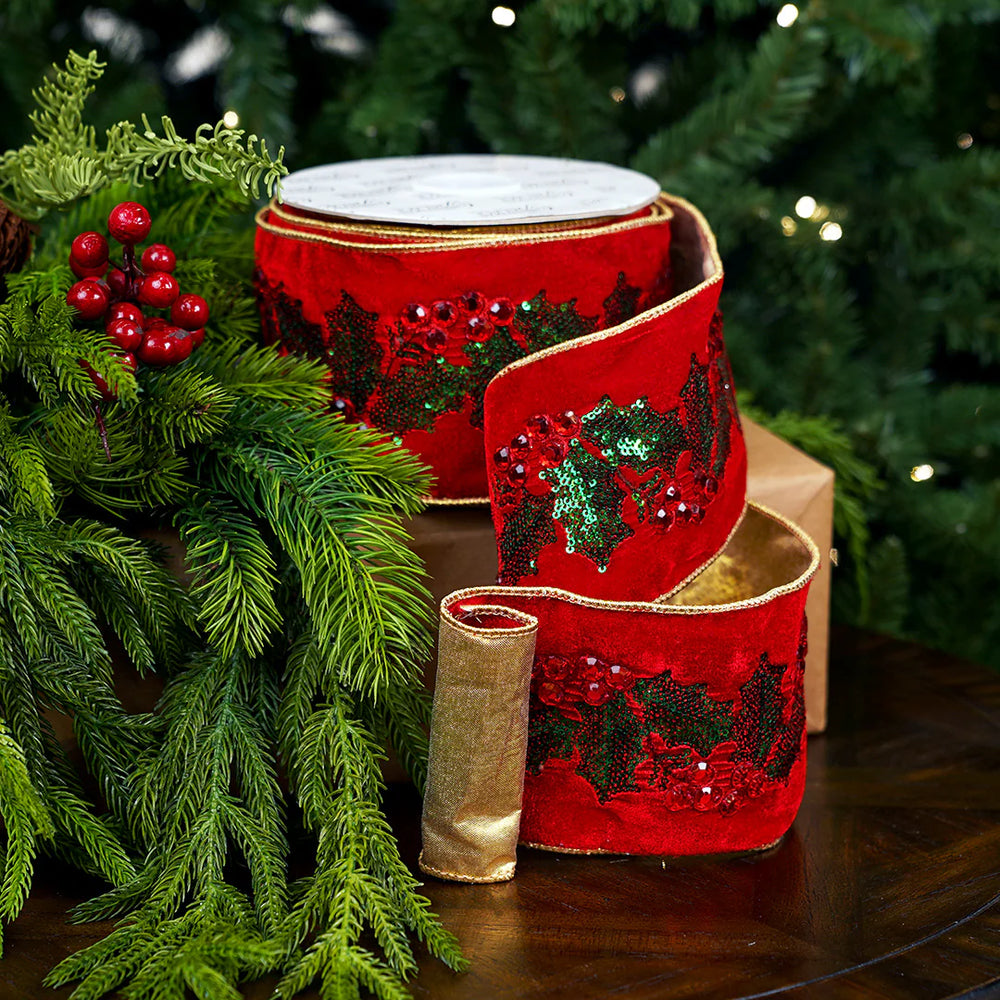 4" X 5YD Holly Leaves Embroidered Ribbon