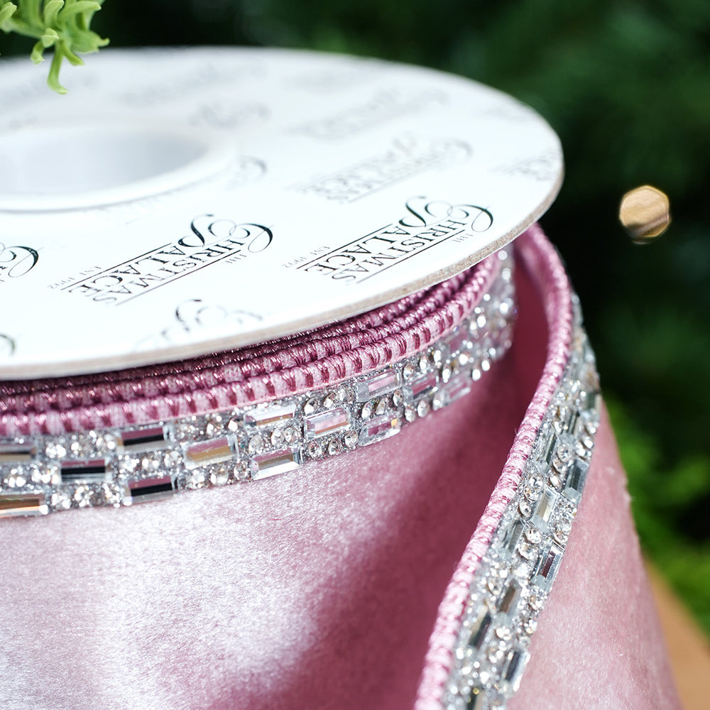 4" X 5YD Pink Velvet Ribbon With Jewel Trim