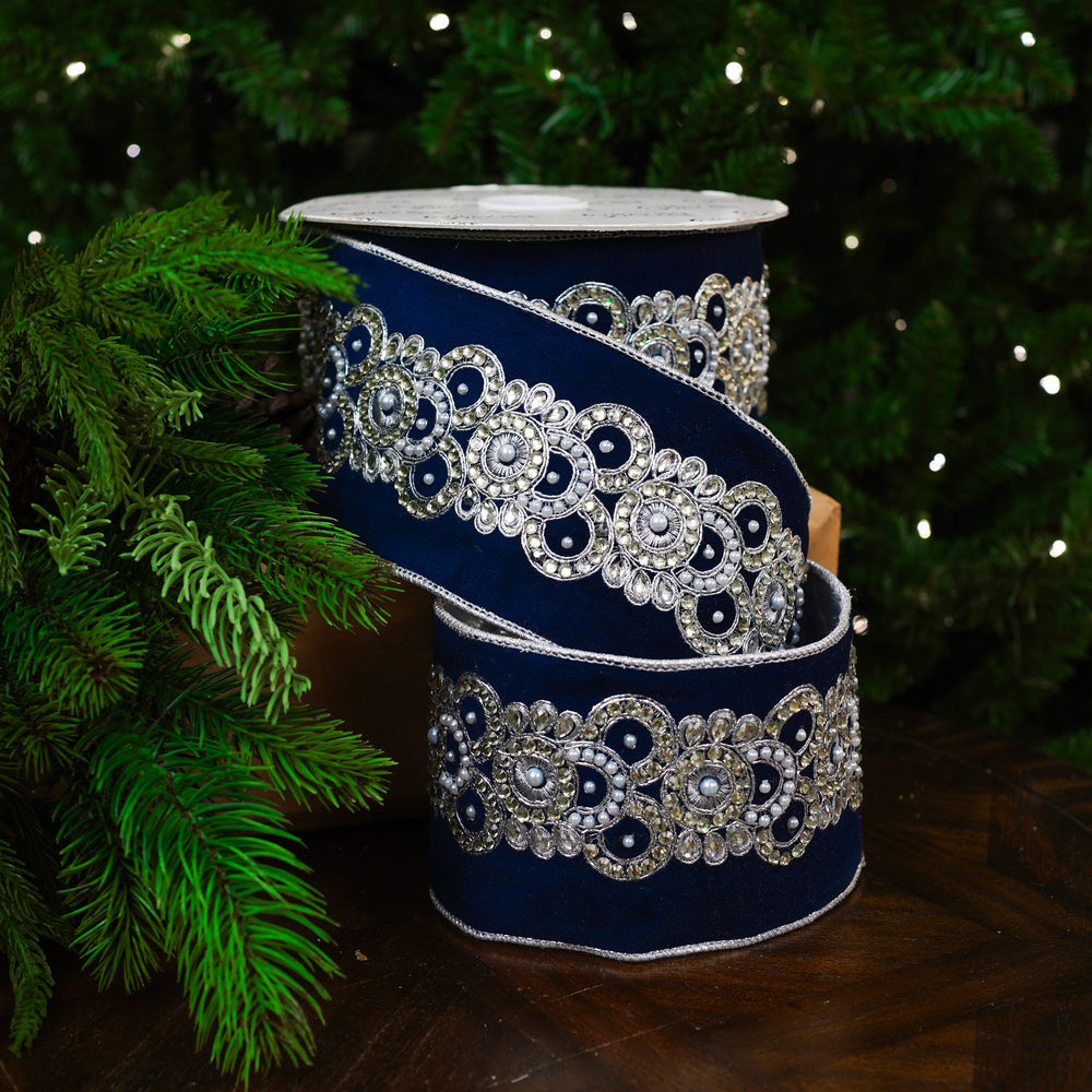 4" X 10YD Silver Navy Velvet Ribbon