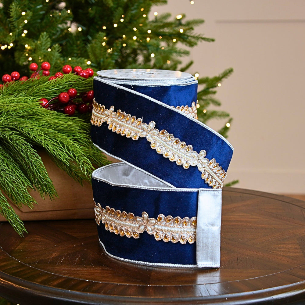 4" X 10YD Navy Blue Ribbon With Pearls & Jeweled Center Ribbon