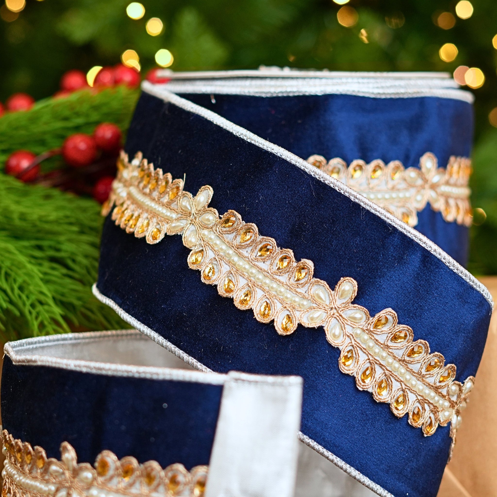 4" X 10YD Navy Blue Ribbon With Pearls & Jeweled Center Ribbon