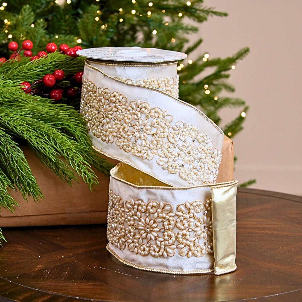 4" X 5YD Ivory Beaded Velvet Ribbon