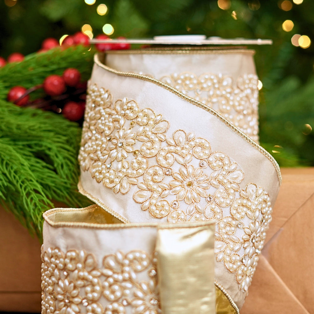 4" X 5YD Ivory Beaded Velvet Ribbon