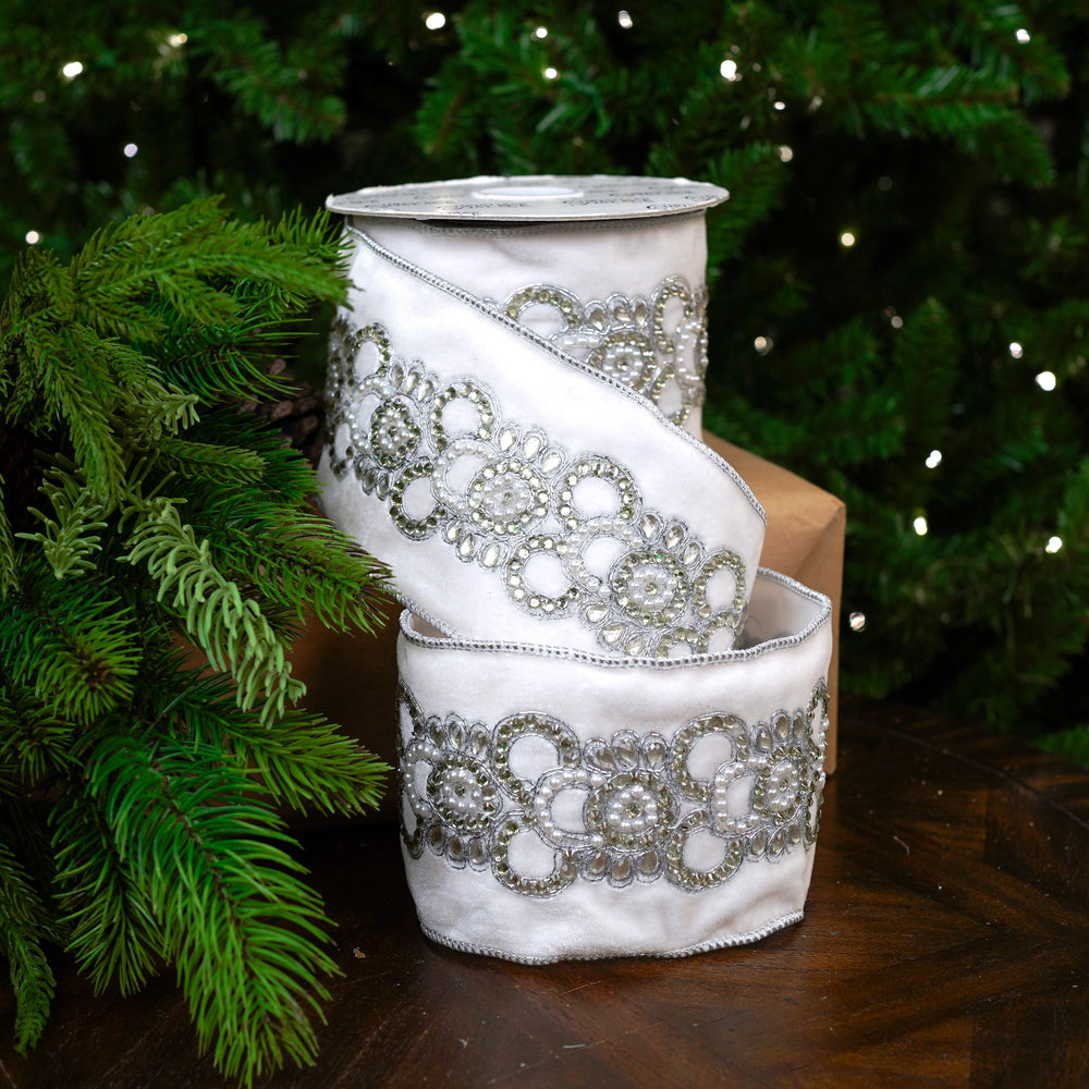 4" X 5YD White Embroidery Velvet Ribbon