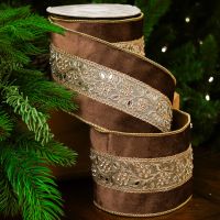 4" X 5YD Brown Velvet Ribbon With Gold Center
