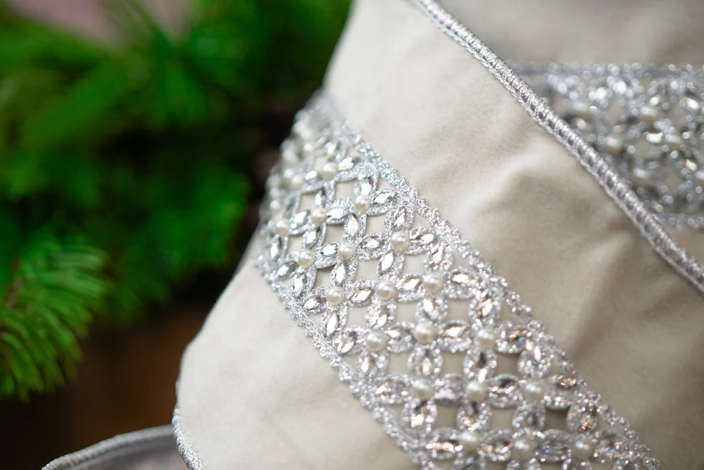 4" X 10YD Ivory Velvet Ribbon With Pearls & Silver Jewels