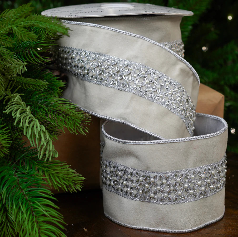 4" X 10YD Ivory Velvet Ribbon With Pearls & Silver Jewels