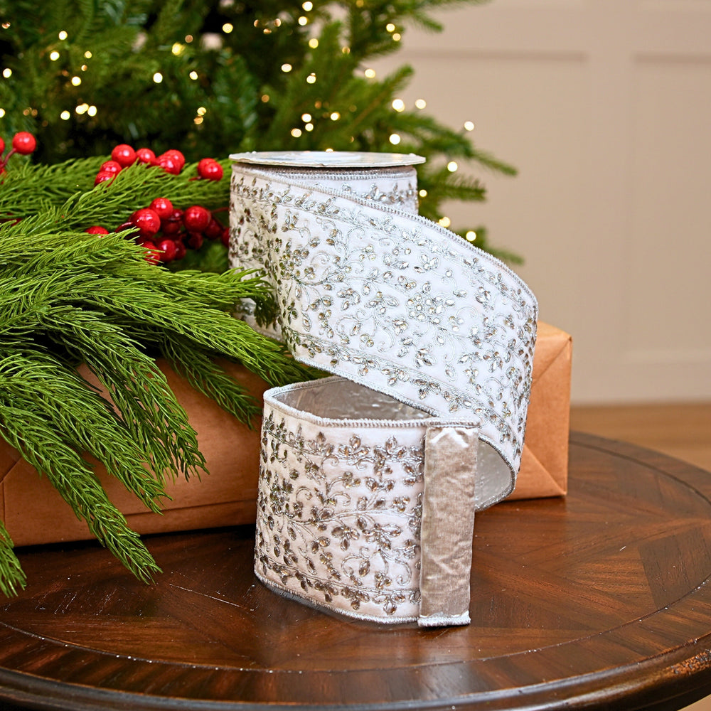 4" X 5YD White Velvet Ribbon With Silver Jewel Embroidery