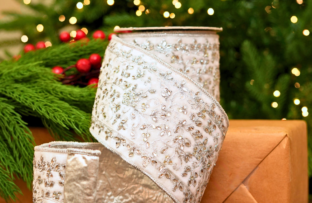 4" X 5YD White Velvet Ribbon With Silver Jewel Embroidery
