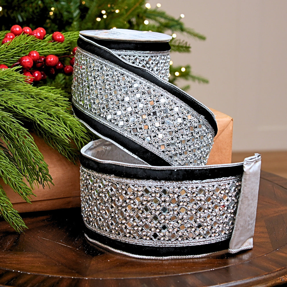 4" X 5YD Black Jeweled Velvet Ribbon