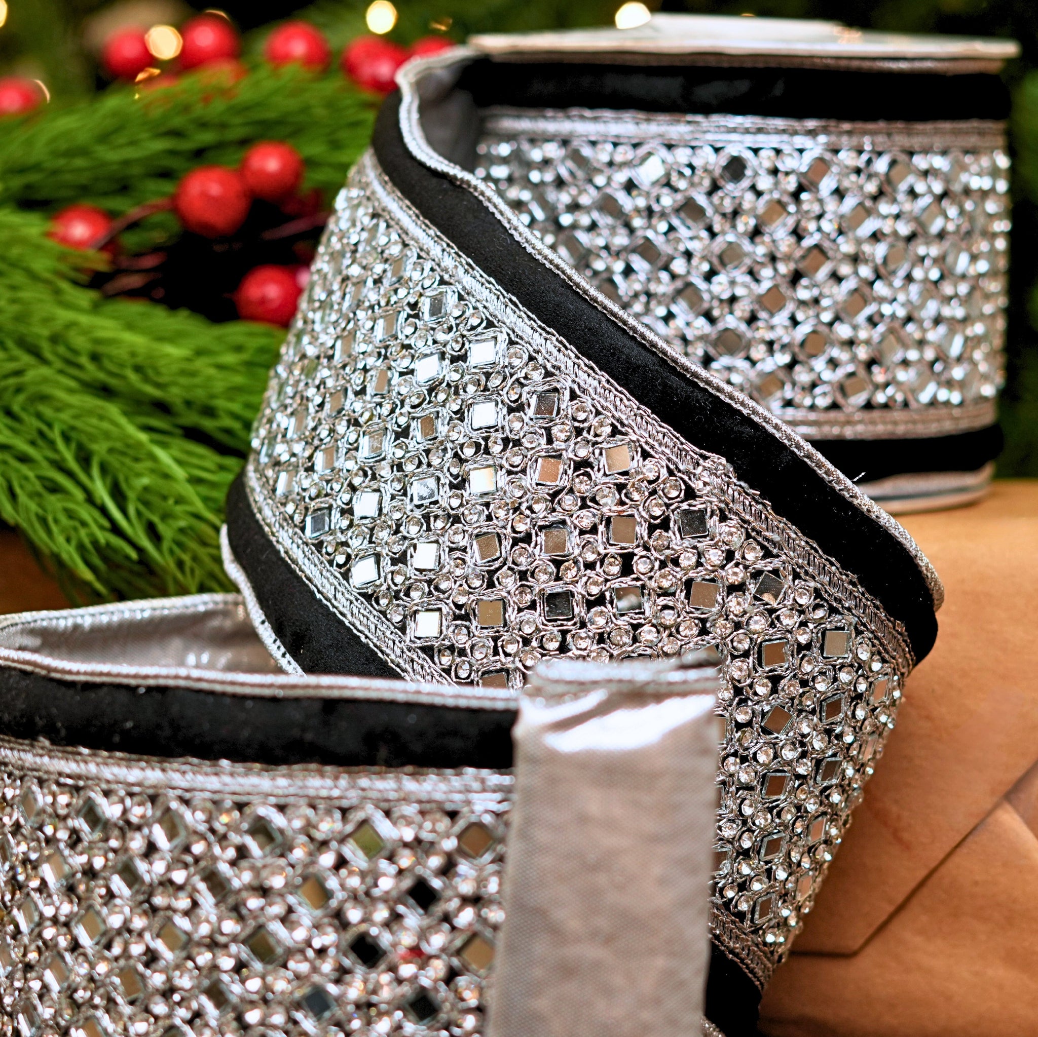 4" X 5YD Black Jeweled Velvet Ribbon
