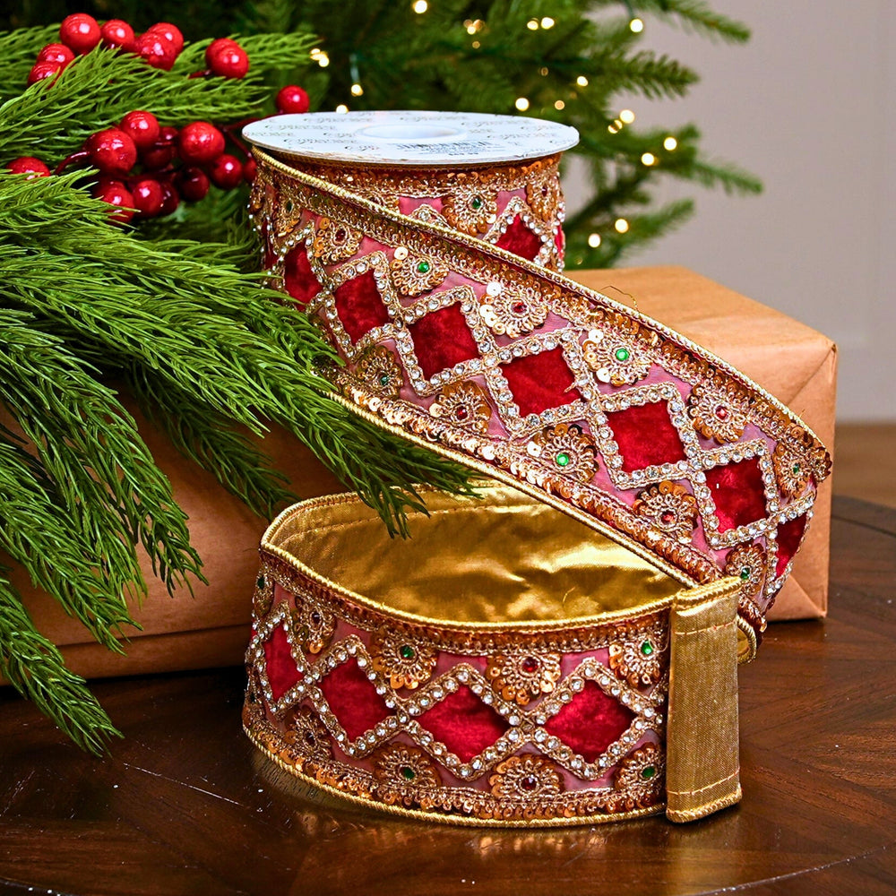 3" X 5YD Red Velvet Ribbon With Metallic Gold Lace Ribbon