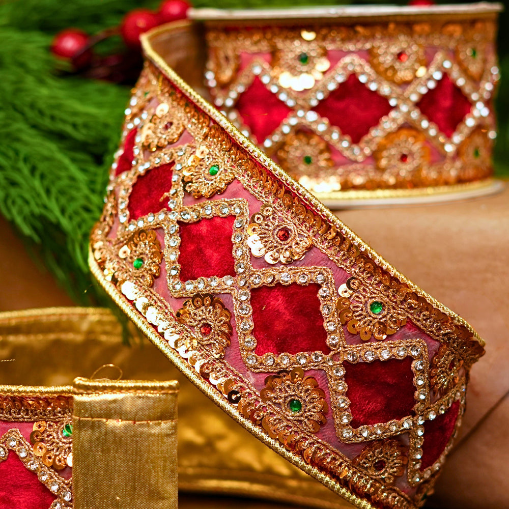 3" X 5YD Red Velvet Ribbon With Metallic Gold Lace Ribbon