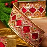 3" X 5YD Red Velvet Ribbon With Metallic Gold Lace Ribbon