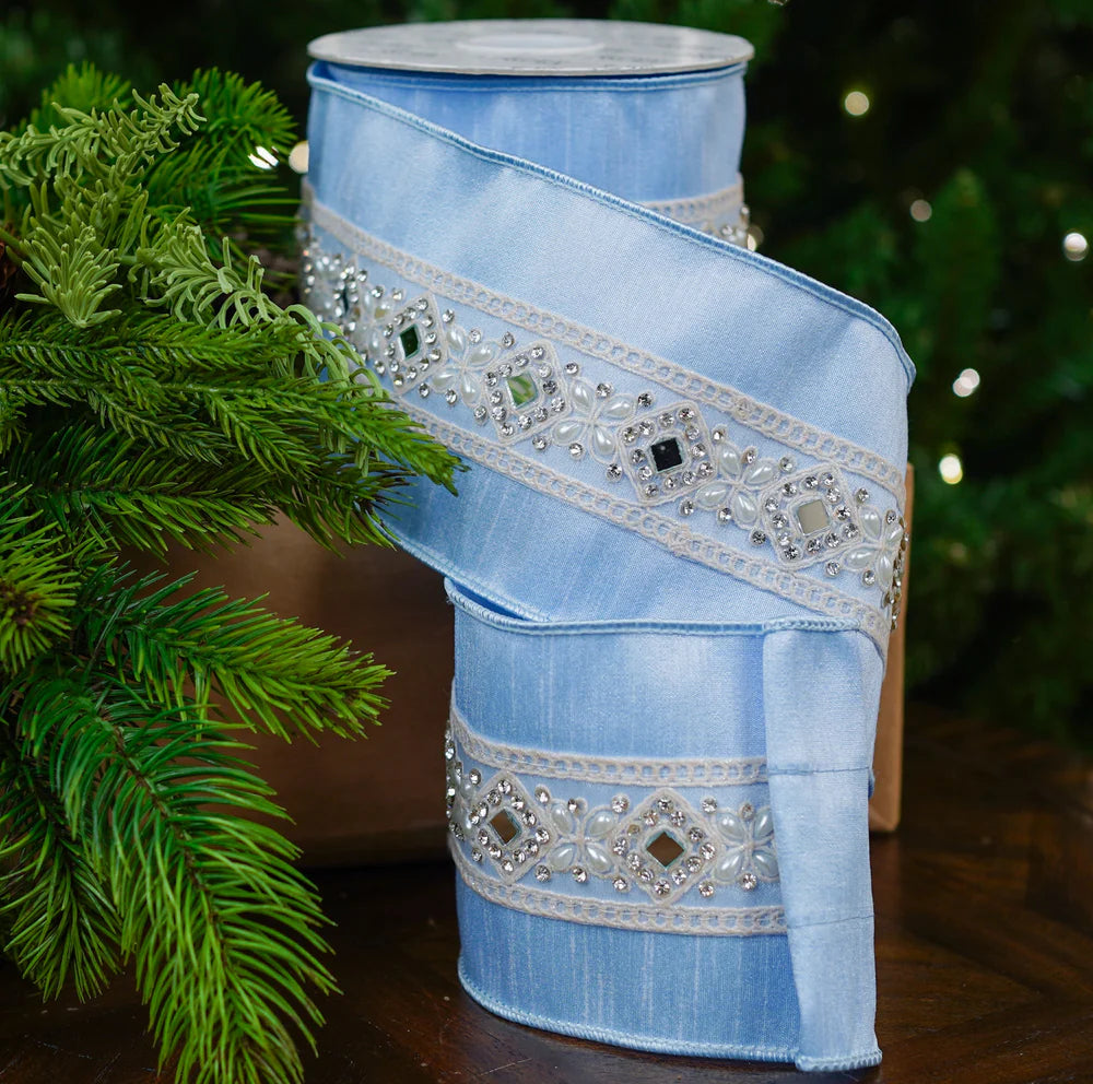4" X 5YD Blue Velvet Ribbon With Pearls & Jewels