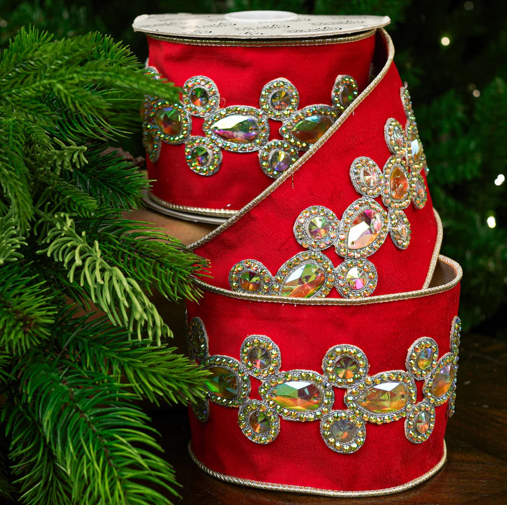 4" X 5YD Red Velvet Ribbon With Multicolor Jewel Center