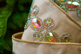 4" X 5YD Ivory Velvet Ribbon With Multicolor Jewel Center