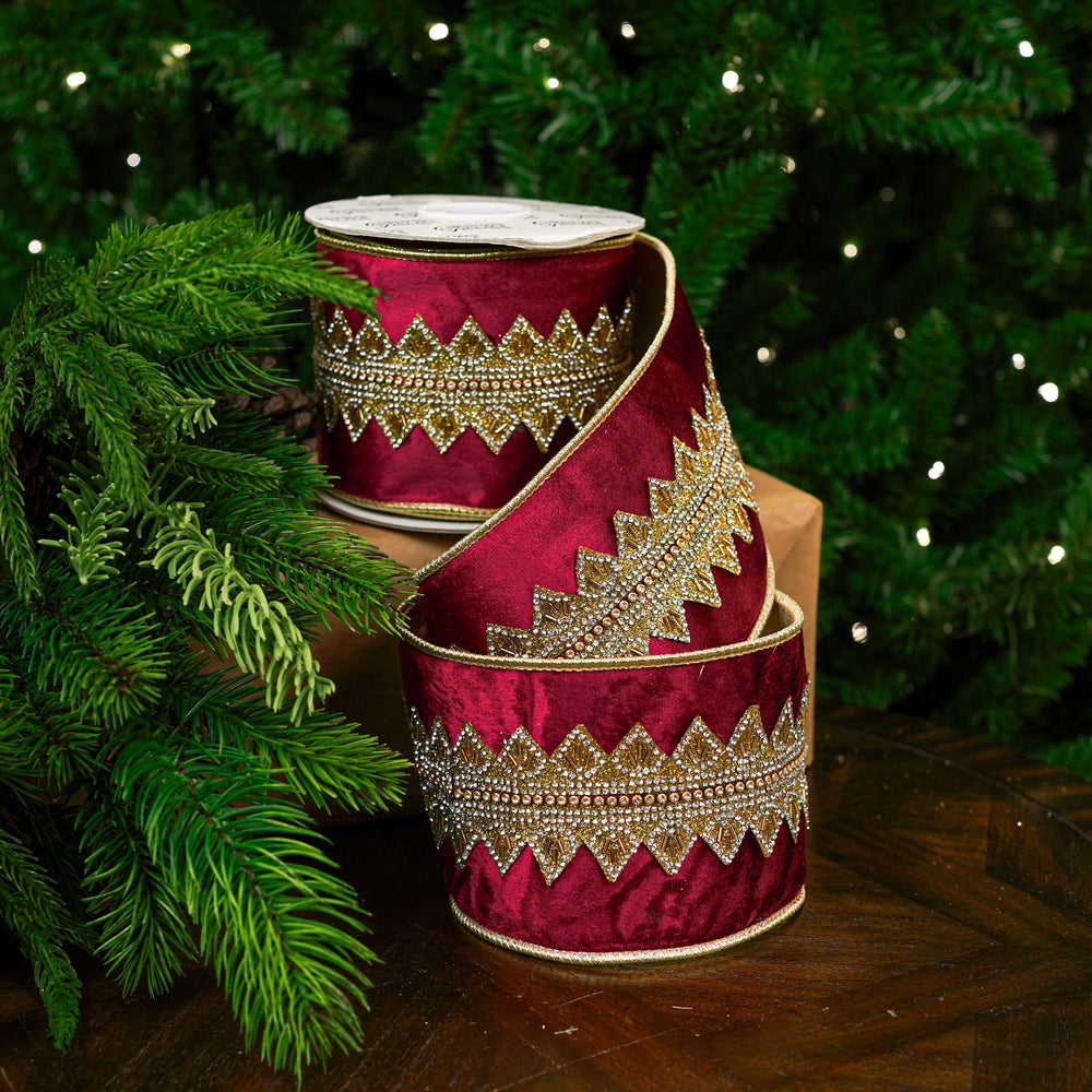 4" X 5YD Burgundy Gold Beaded Velvet Ribbon