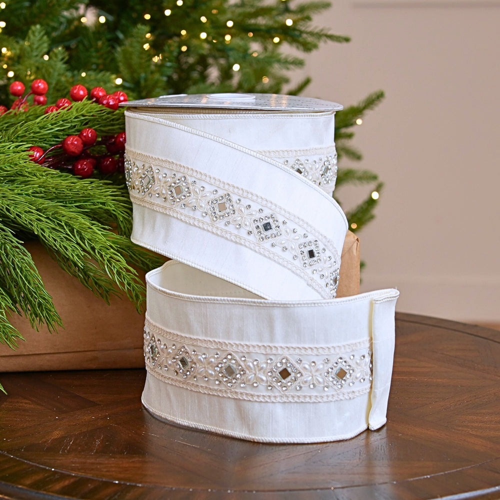 4" X 10YD Ivory Jeweled Ribbon