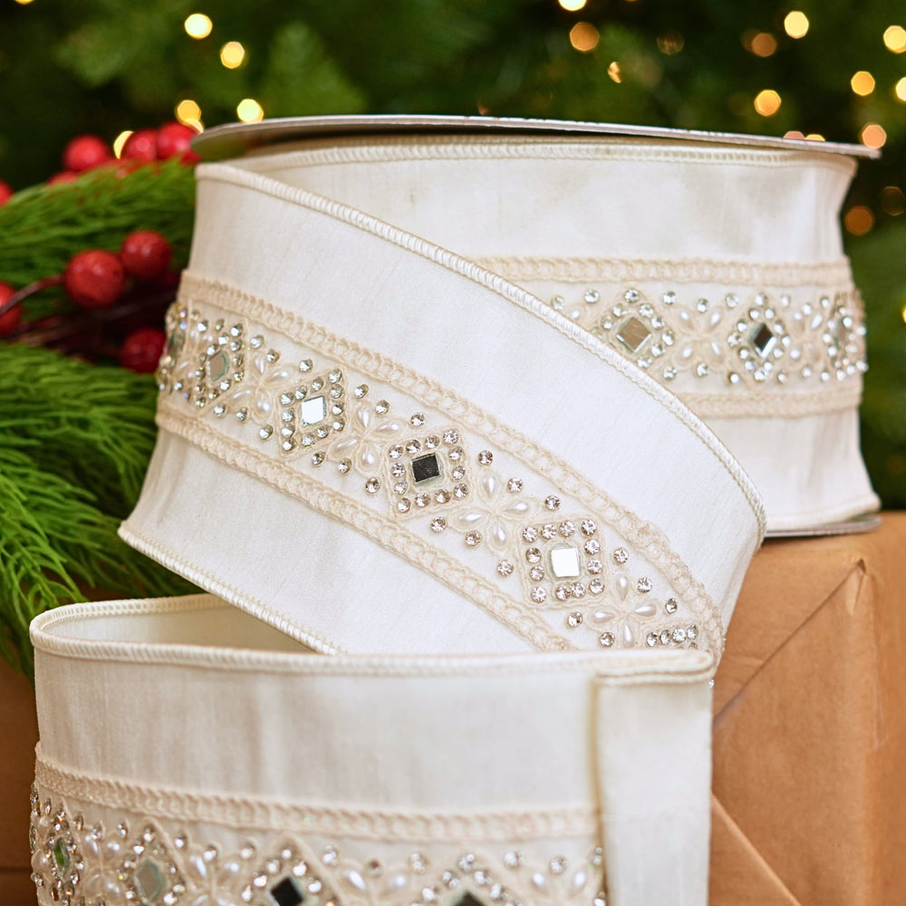 4" X 10YD Ivory Jeweled Ribbon