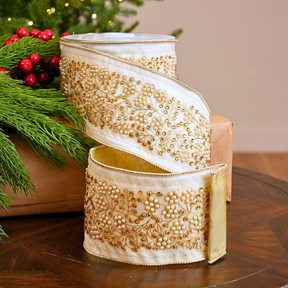 4" X 10YD White Ribbon With Gold & Pearl Trim