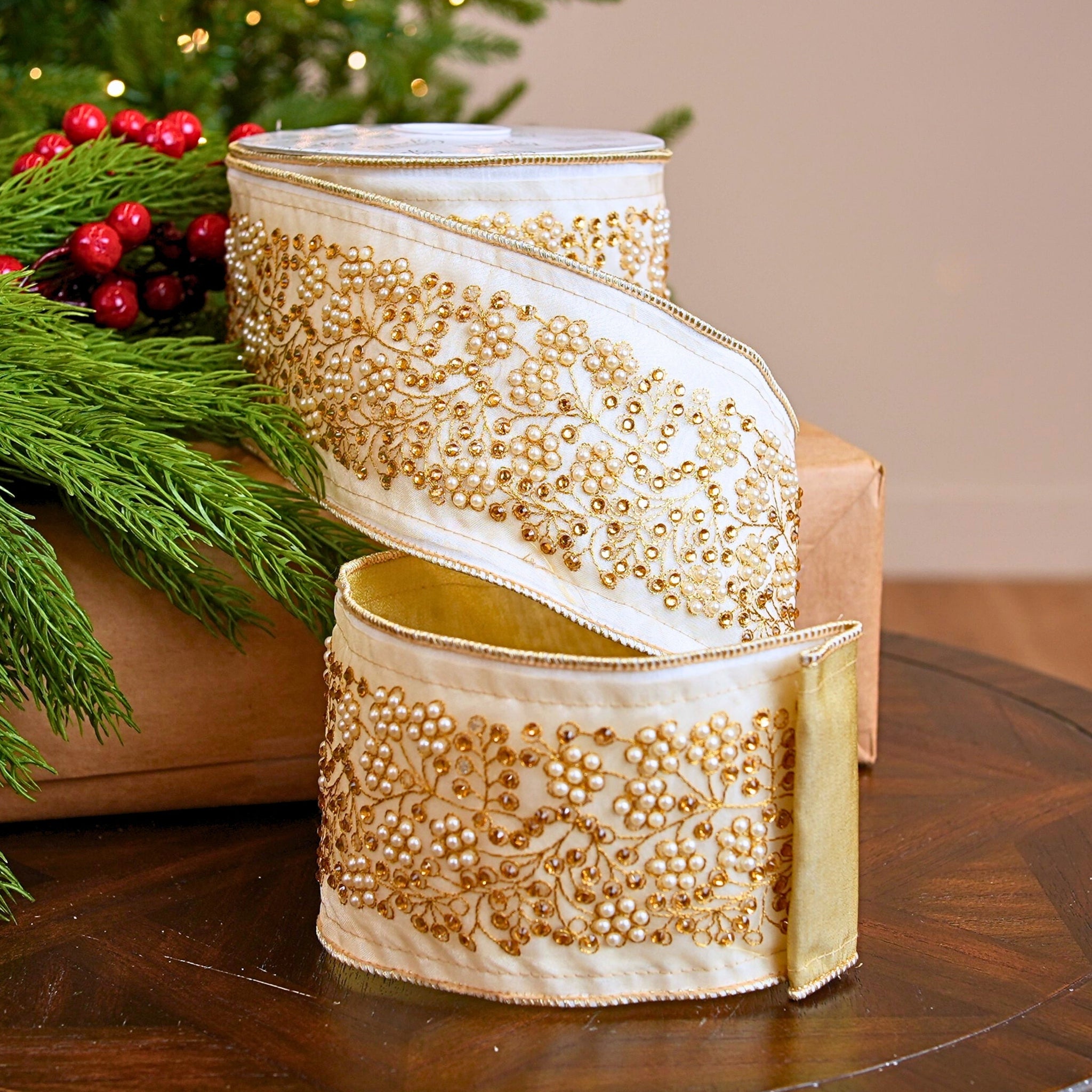 4" X 10YD White Ribbon With Gold & Pearl Trim