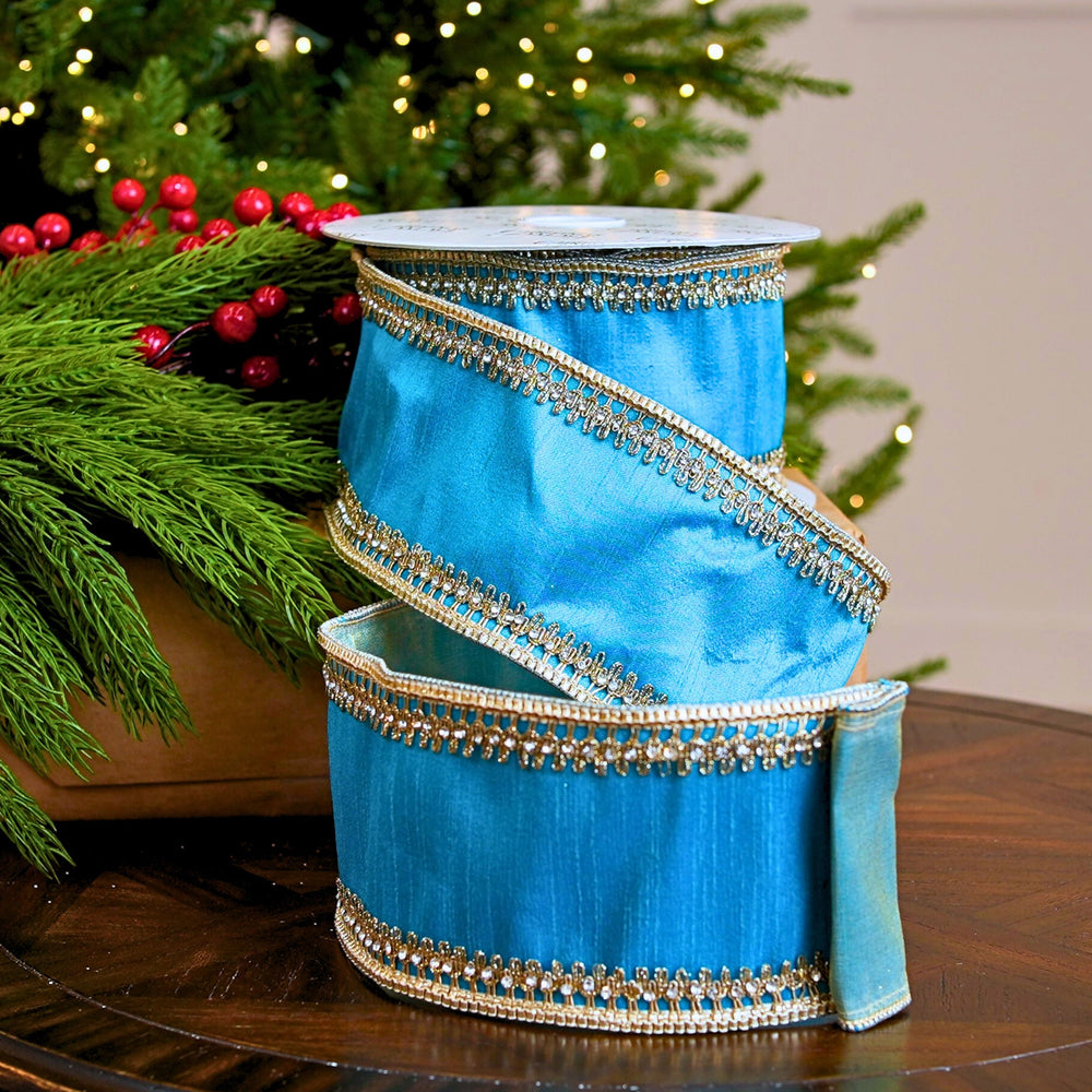 4" X 10YD Blue Ribbon With Gold Crochet Trim Ribbon