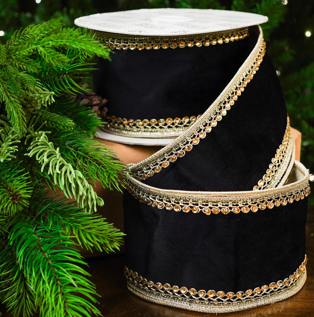4" X 10YD Black Velvet Ribbon With Gold Trim