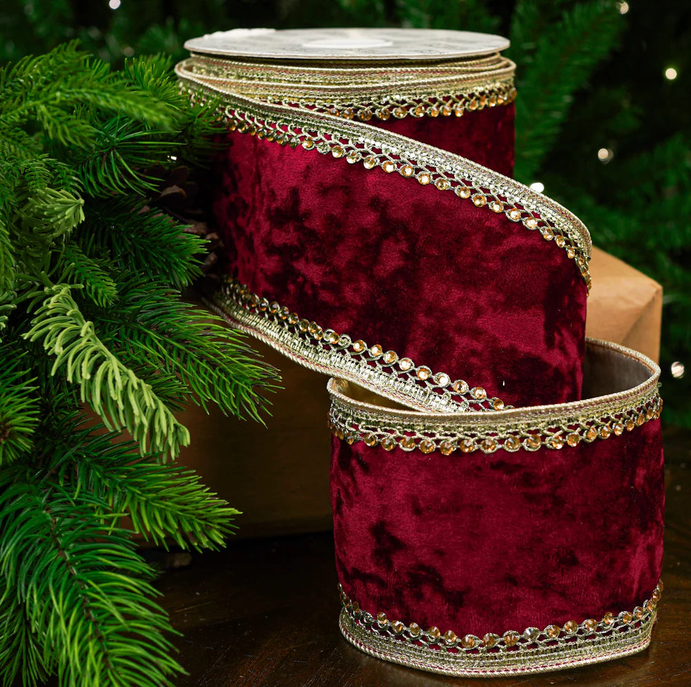 4" X 10YD Burgundy Velvet Ribbon With Gold Trim
