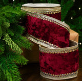 4" X 10YD Burgundy Velvet Ribbon With Gold Trim